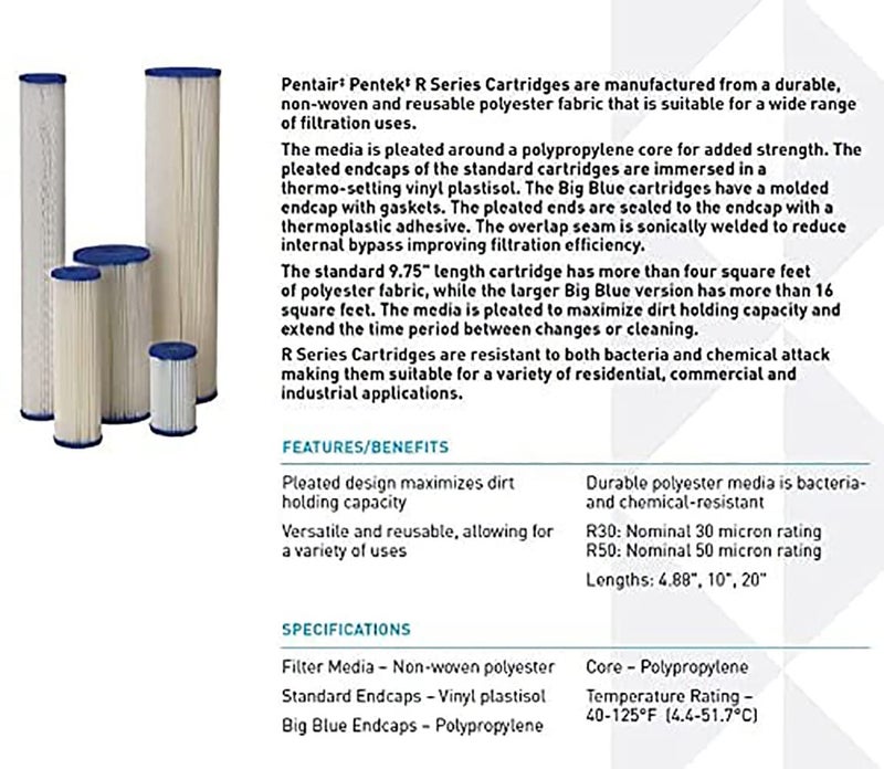 Pentek Pentair Pentek R30-20BB Big Blue Sediment Water Filter, Whole House Pleated Polyester Filter Cartridge, 20" x 4.5", 30 Micron, White - Image 2
